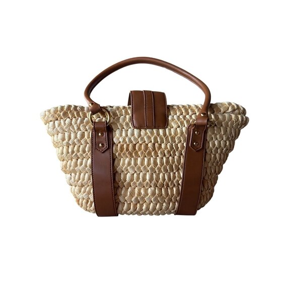 Etienne Aigner Corn Husk Woven Tote Bag Brown Leather Trim Retro Summer Chic - Picture 4 of 13
